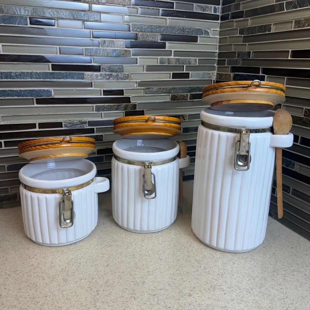 VTG White Ribbed Ceramic Canister Set 3pc w/ Wooden Lids & Spoons Cottagecore